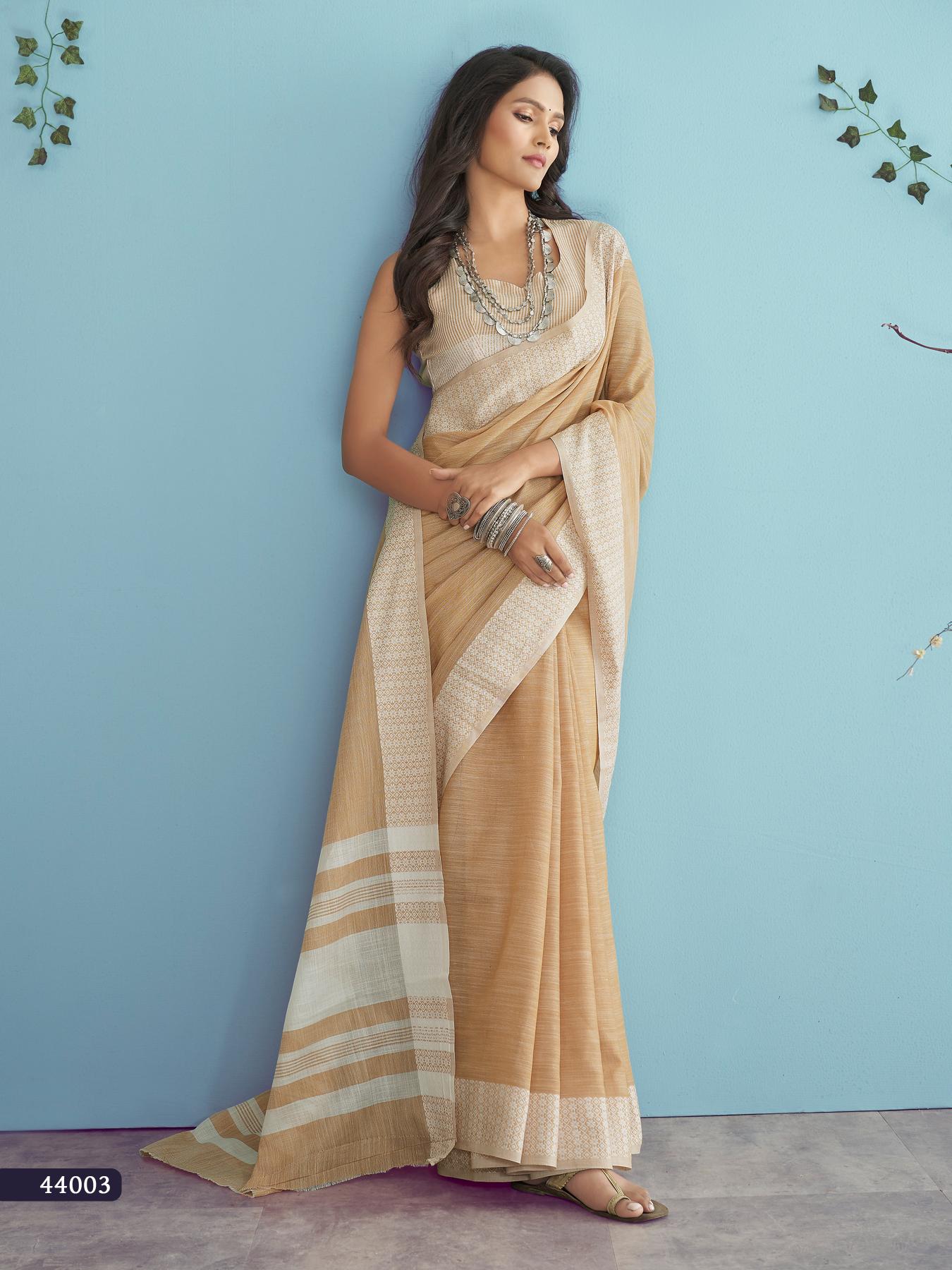 Musturd Soft Linen Silk With Chikankari Weaved Border Saree R1