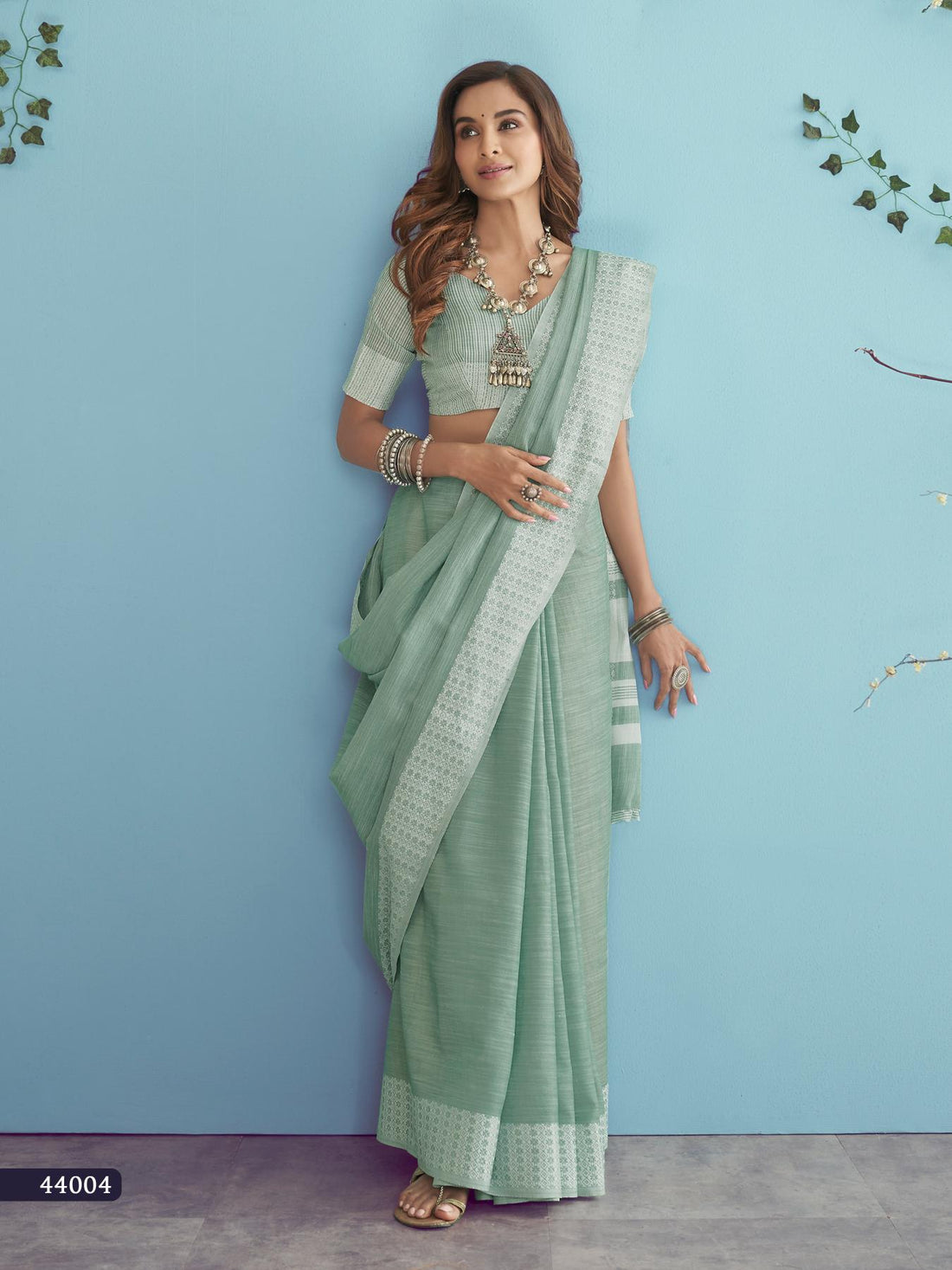 Bottle Green Soft Linen Silk With Chikankari Weaved Border Saree R1