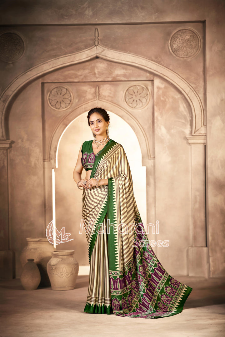 Cream With Mahendi Border Ajrakh Hand-Printed Modal Silk Saree