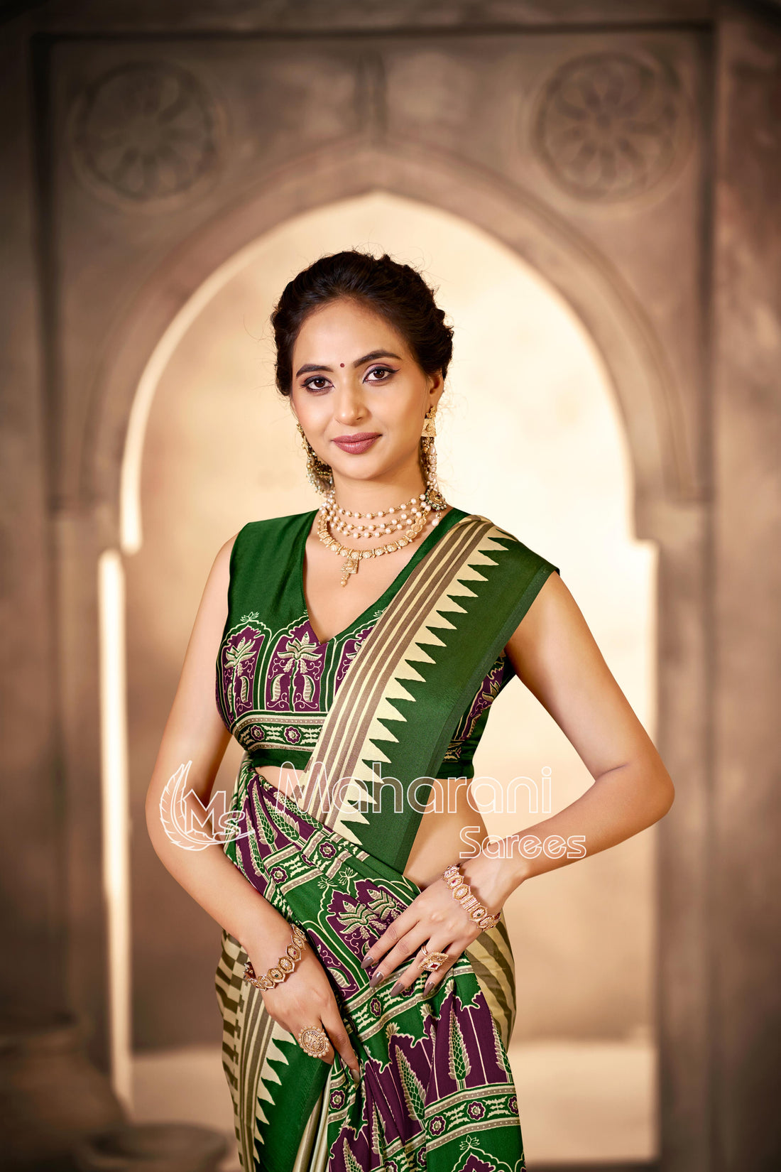Cream With Mahendi Border Ajrakh Hand-Printed Modal Silk Saree