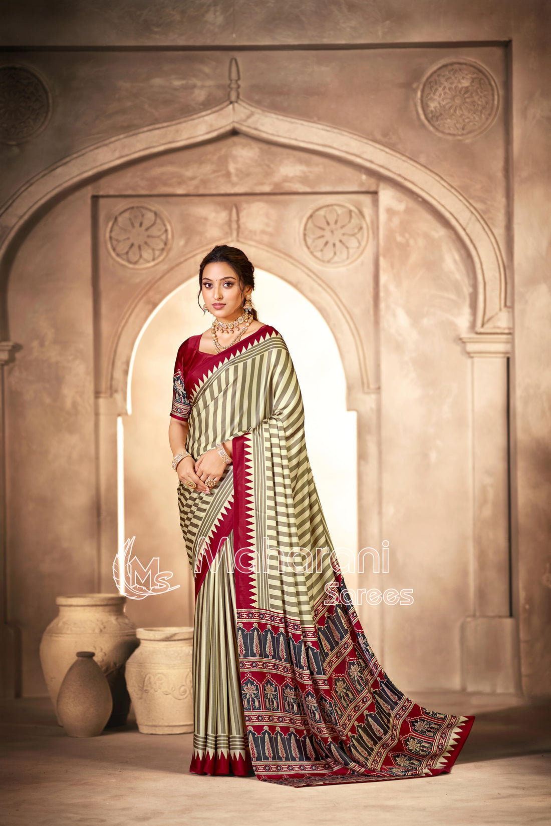 Cream With Maroon Border Ajrakh Hand-Printed Modal Silk Saree
