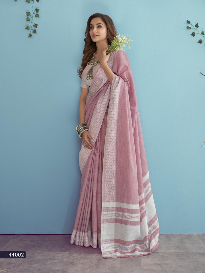 Baby Pink Soft Linen Silk With Chikankari Weaved Border Saree R1