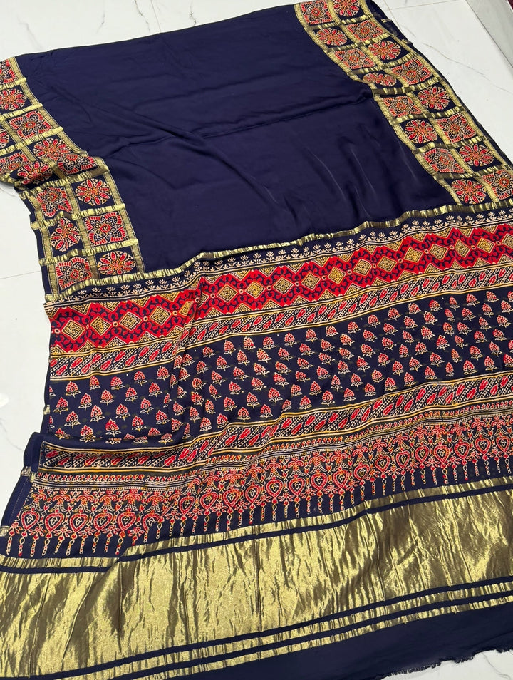 Blue Ajrakh Gharchola Border Hand Block Pure Modal Silk Saree With Fancy Ajrakh And Zari Pallu