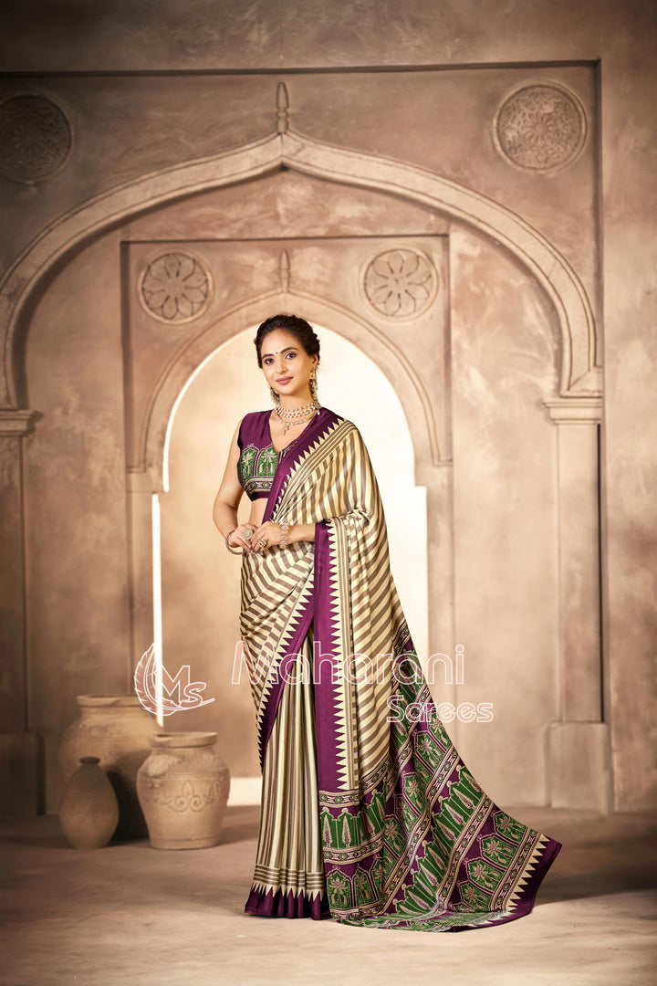 Cream With Wine Border Ajrakh Hand-Printed Modal Silk Saree