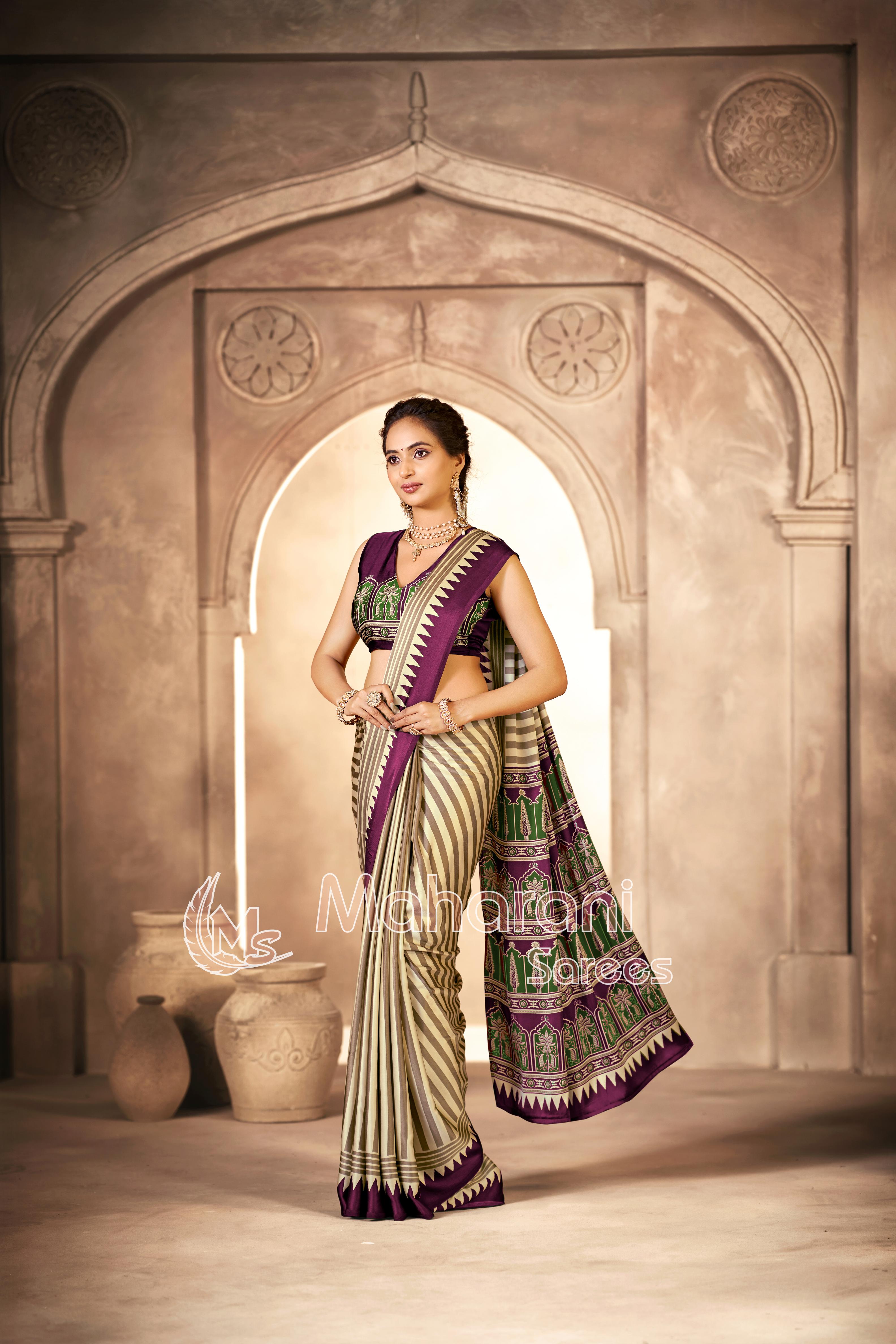 Cream With Wine Border Ajrakh Hand-Printed Modal Silk Saree