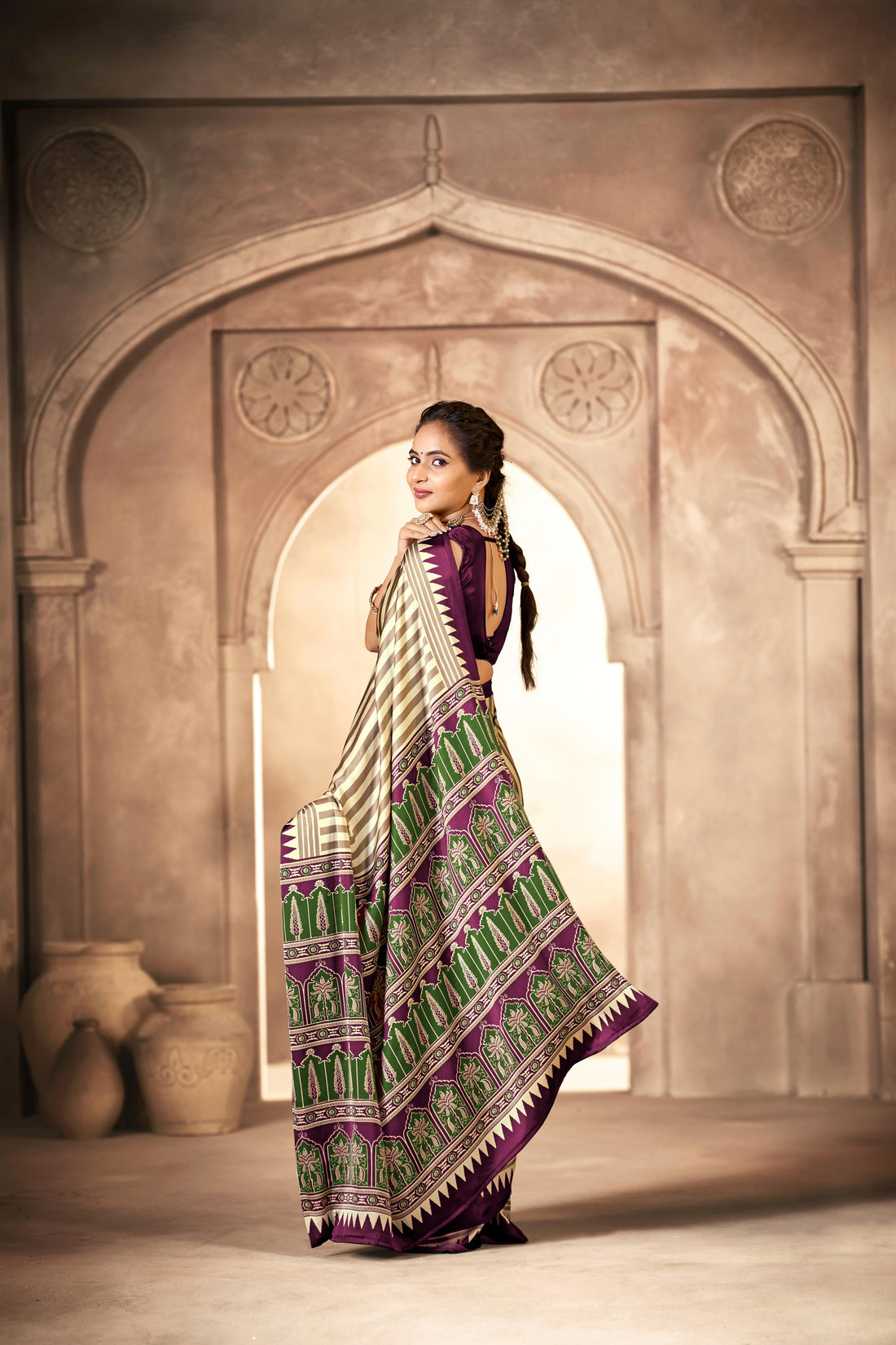Cream With Wine Border Ajrakh Hand-Printed Modal Silk Saree
