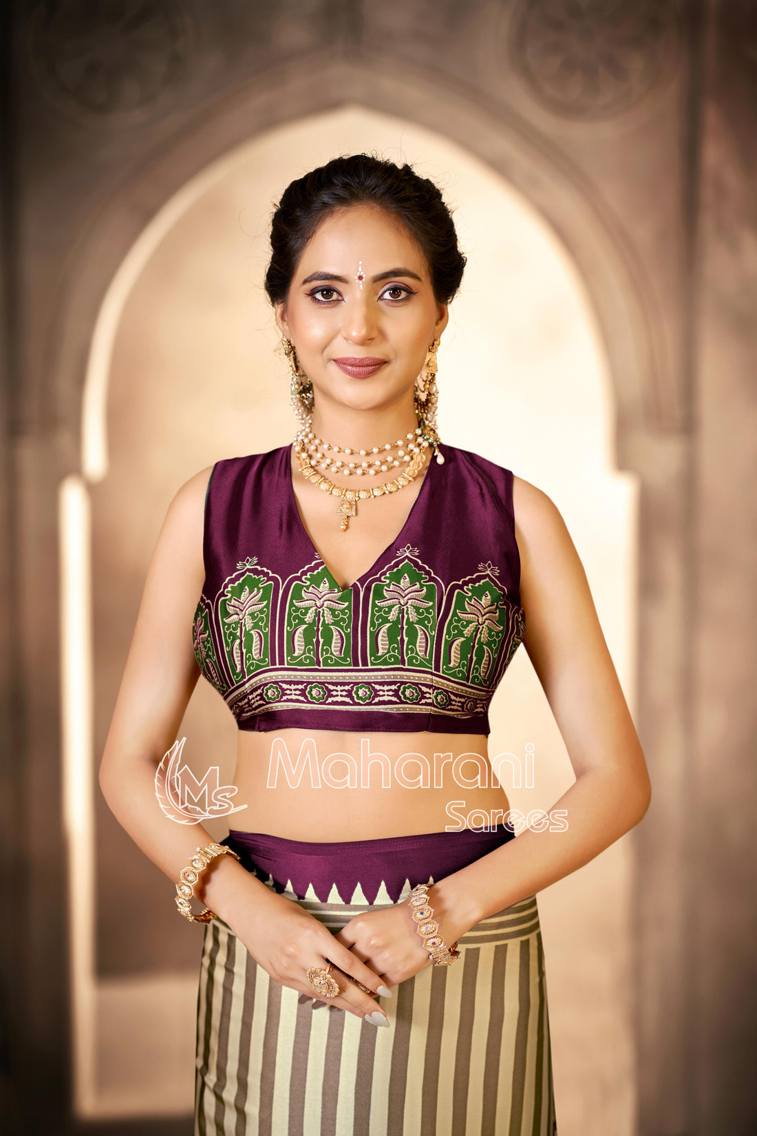 Cream With Wine Border Ajrakh Hand-Printed Modal Silk Saree