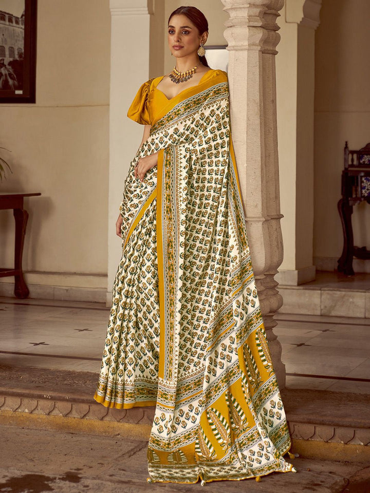 Snowy White And Yellow New Ajrakh Printed Satin Crepe Saree
