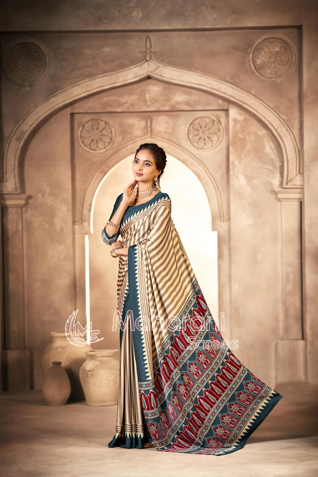 Cream With Grey Border Ajrakh Hand-Printed Modal Silk Saree