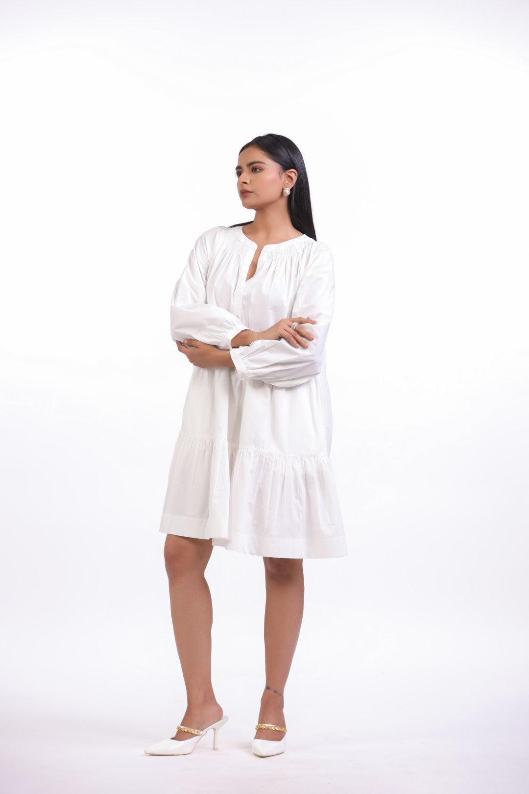 Women White Smocking Work Cotton Full Sleeve Round Collar Midi Flared Dress with Pocket