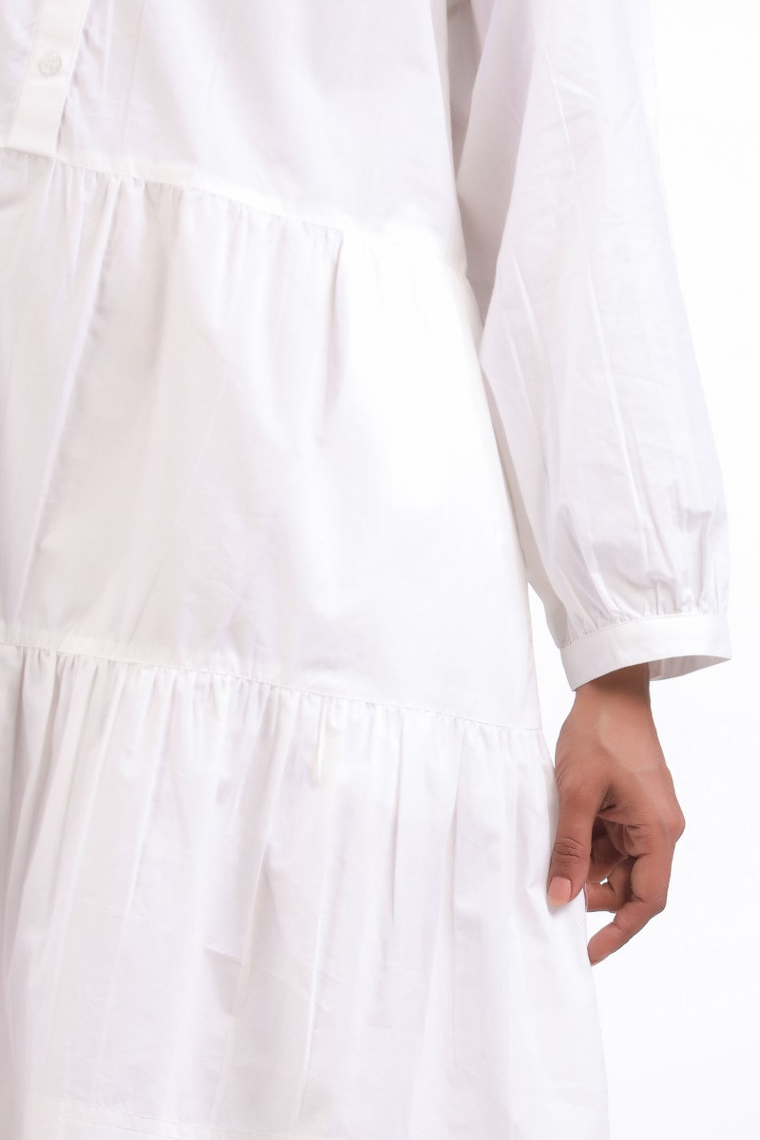 Women White Smocking Work Cotton Full Sleeve Round Collar Midi Flared Dress with Pocket