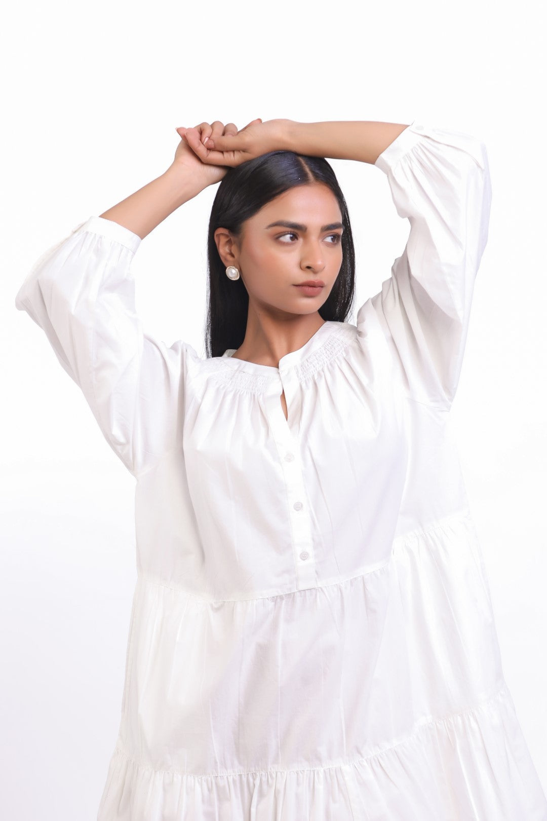 Women White Smocking Work Cotton Full Sleeve Round Collar Midi Flared Dress with Pocket