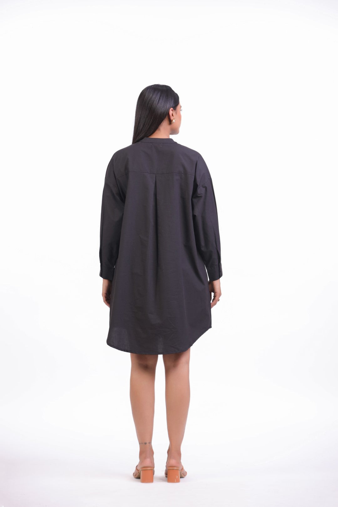 Women Black Solid Cotton Full Sleeve Mandarin Collar Midi Dress with Pocket