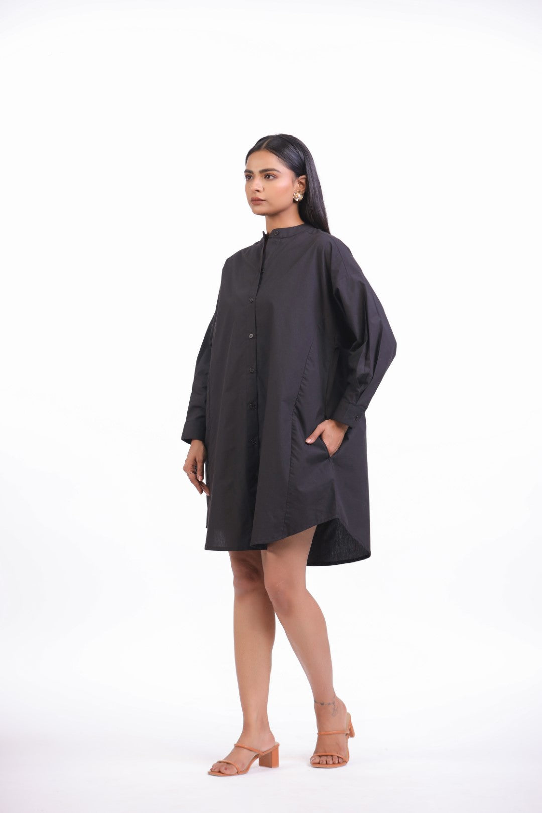 Women Black Solid Cotton Full Sleeve Mandarin Collar Midi Dress with Pocket
