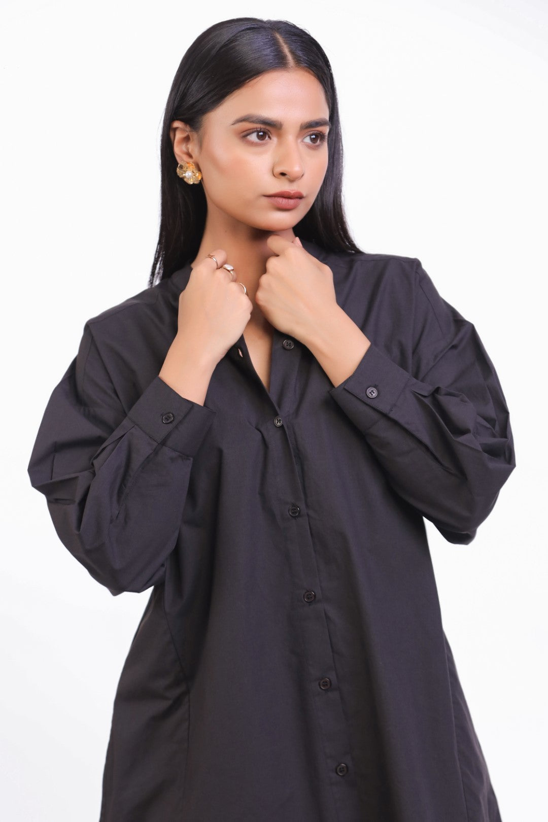 Women Black Solid Cotton Full Sleeve Mandarin Collar Midi Dress with Pocket