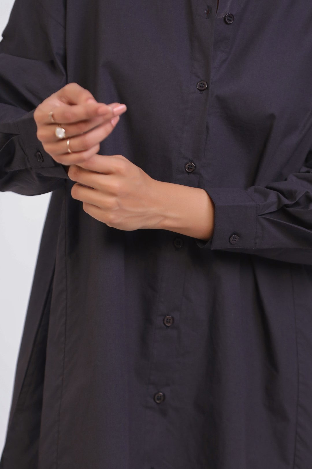 Women Black Solid Cotton Full Sleeve Mandarin Collar Midi Dress with Pocket