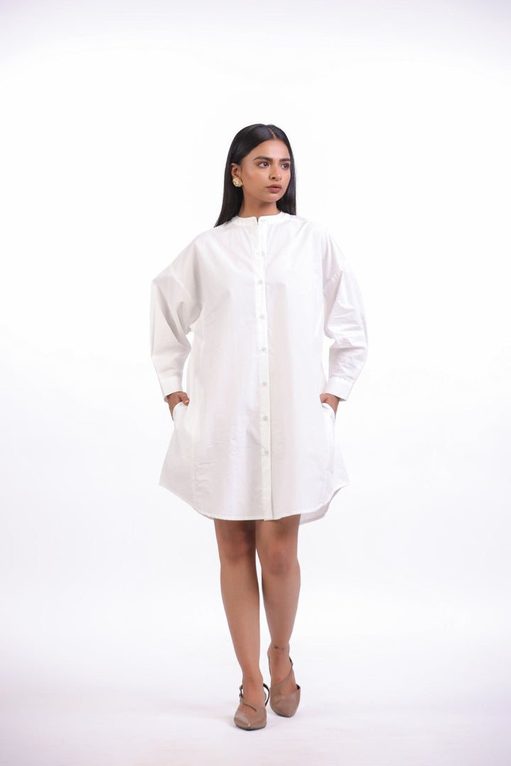 Women White Solid Cotton Full Sleeve Mandarin Collar Midi Dress with Pocket