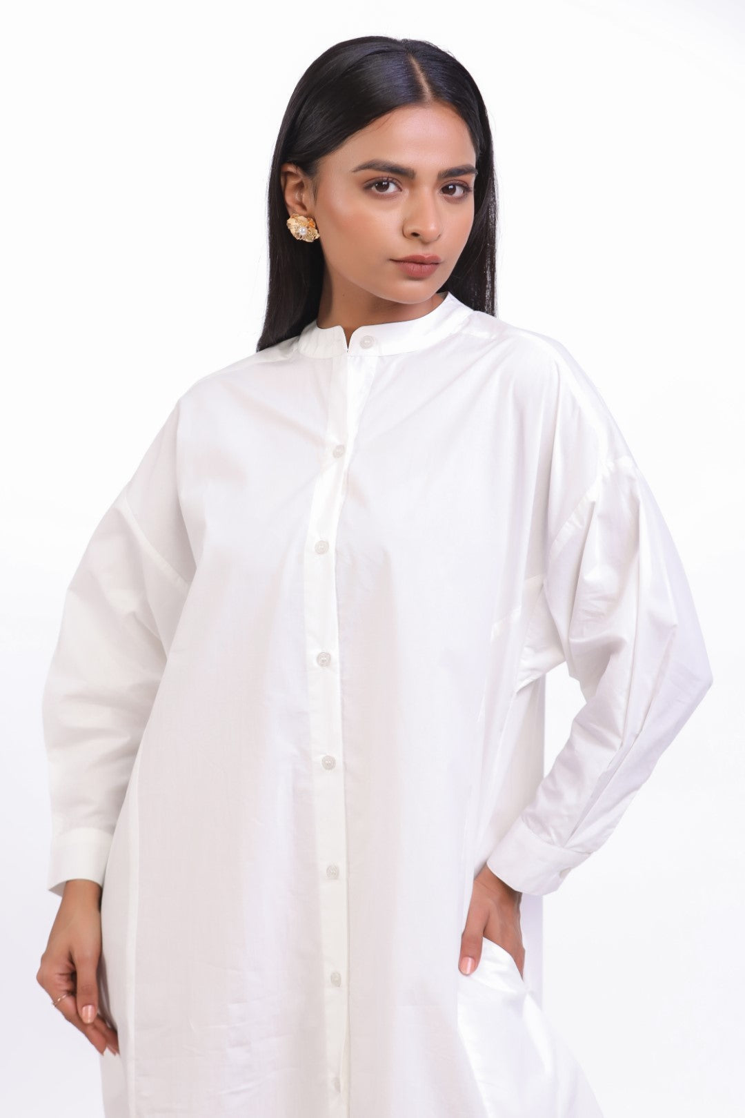 Women White Solid Cotton Full Sleeve Mandarin Collar Midi Dress with Pocket