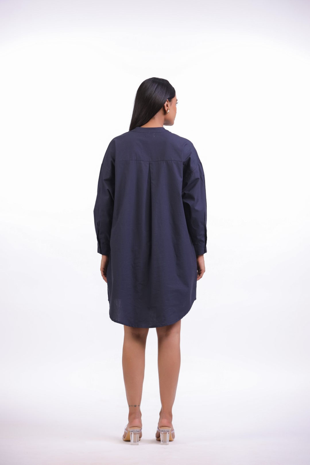 Women Navy Solid Cotton Full Sleeve Mandarin Collar Midi Dress with Pocket