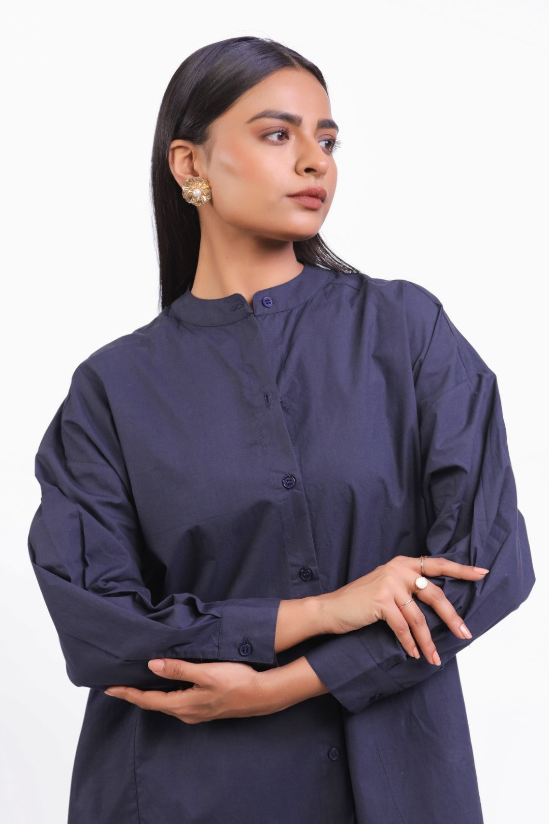 Women Navy Solid Cotton Full Sleeve Mandarin Collar Midi Dress with Pocket