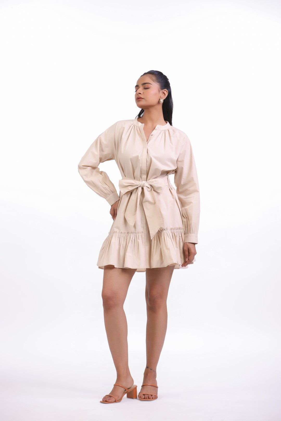 Women's Beige Solid Cotton Midi Dress