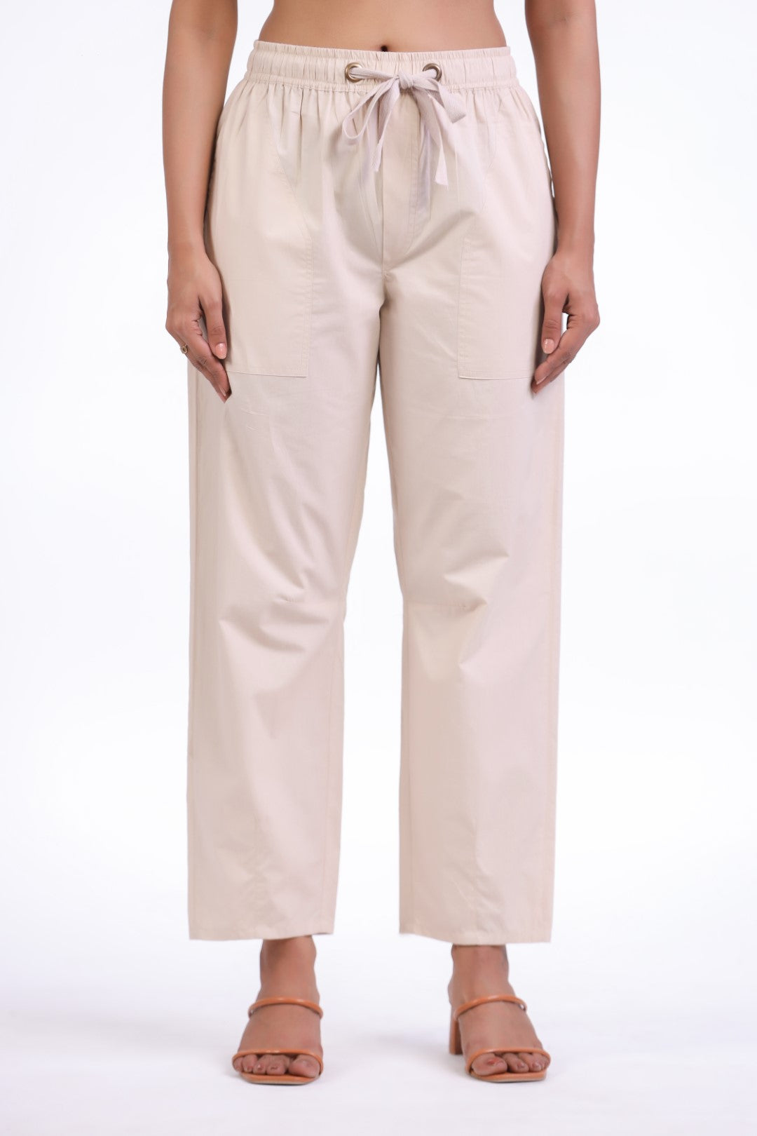 Women's Off-White Solid Cotton Pant