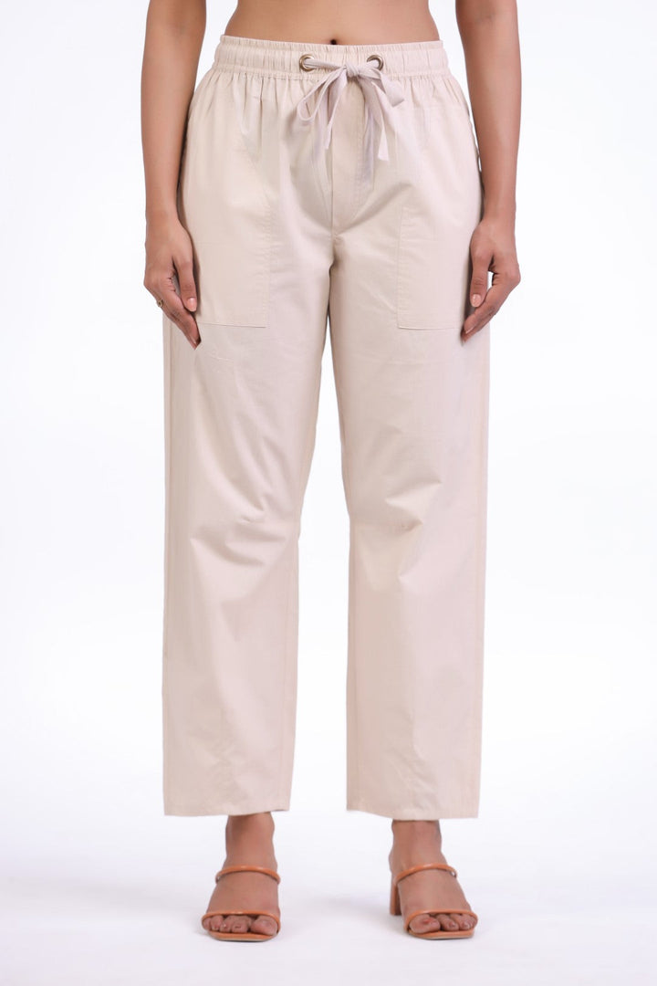 Women's Off-White Solid Cotton Pant