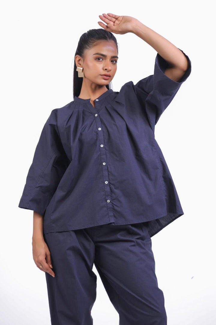 Women’s Navy Solid Cotton Poplin Top