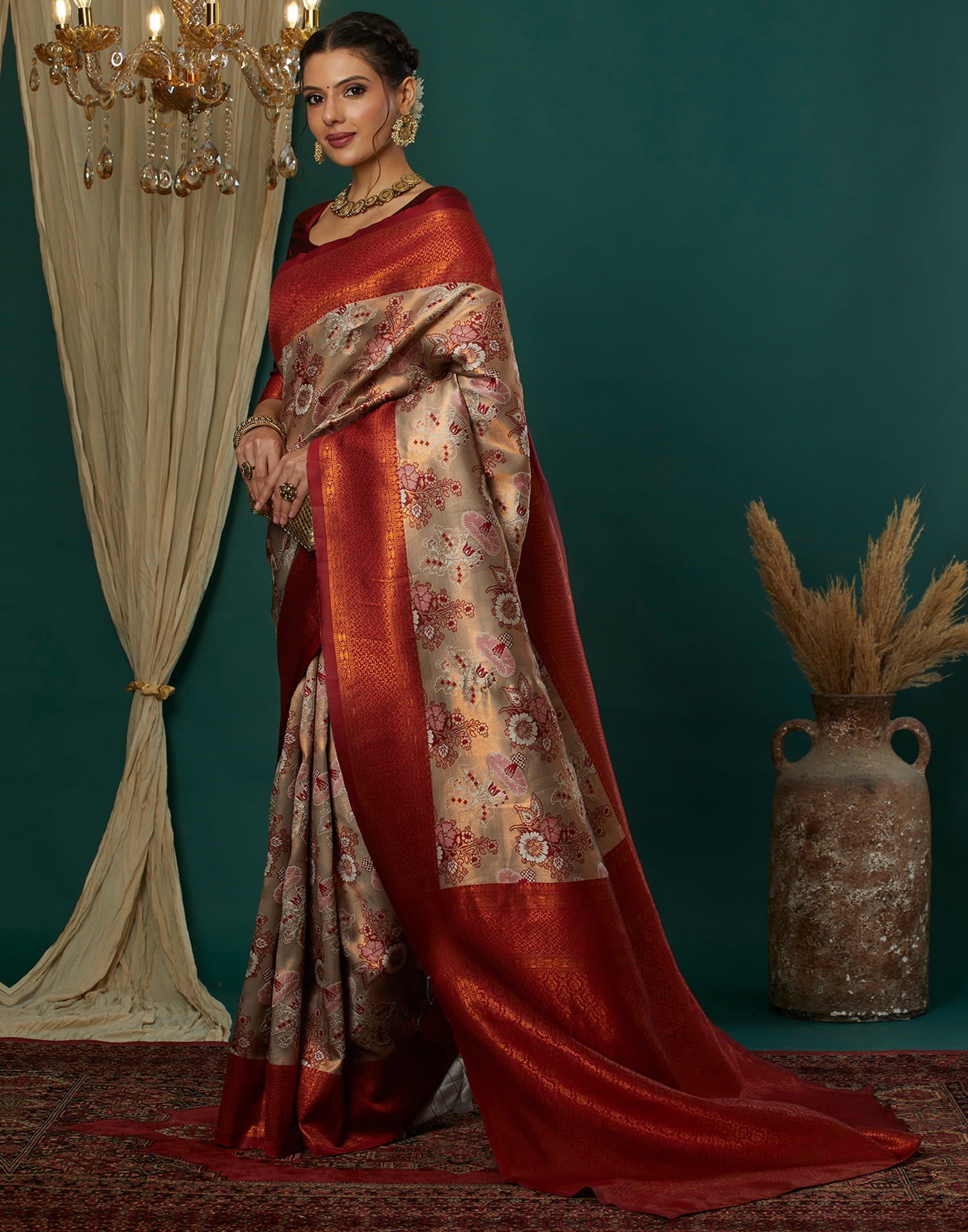 Beige Silk Woven Saree