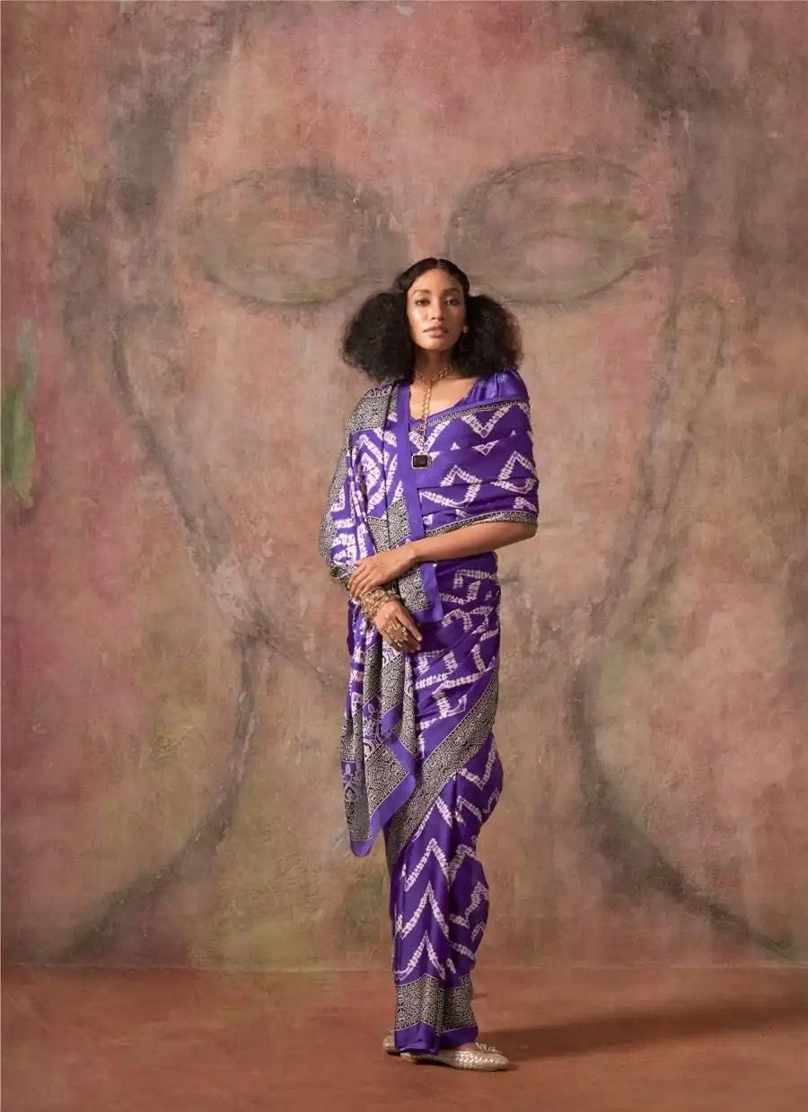 Purple Ajrakh Printed Satin Georgette Saree