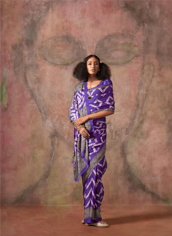 Purple Ajrakh Printed Satin Georgette Saree