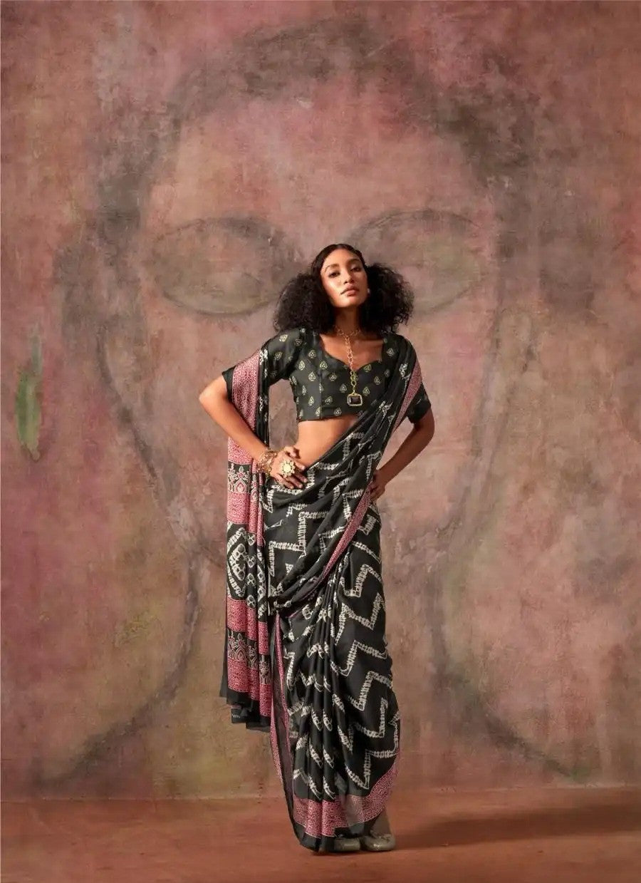 Black Ajrakh Printed Satin Georgette Saree