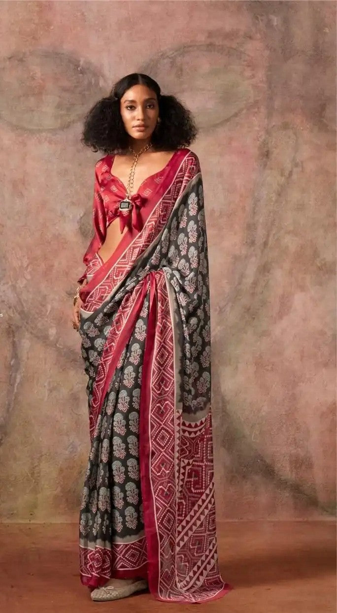 Black With Maroon Ajrakh Printed Satin Georgette Saree