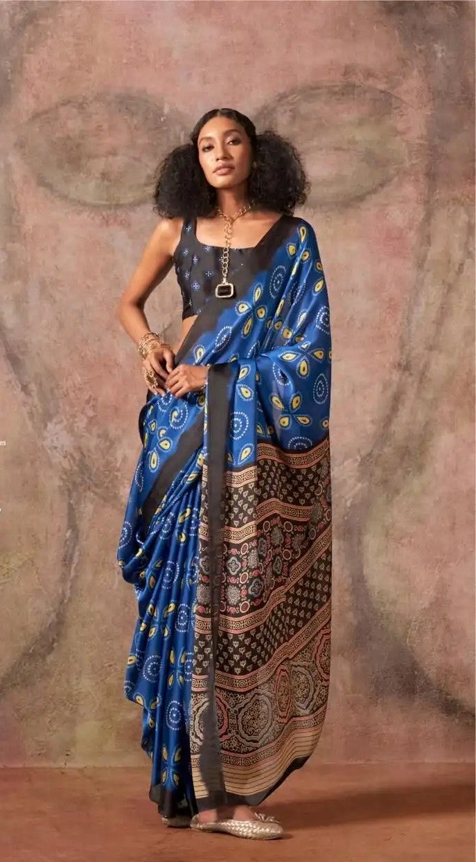 Lapis Blue Ajrakh Printed Satin Georgette Saree