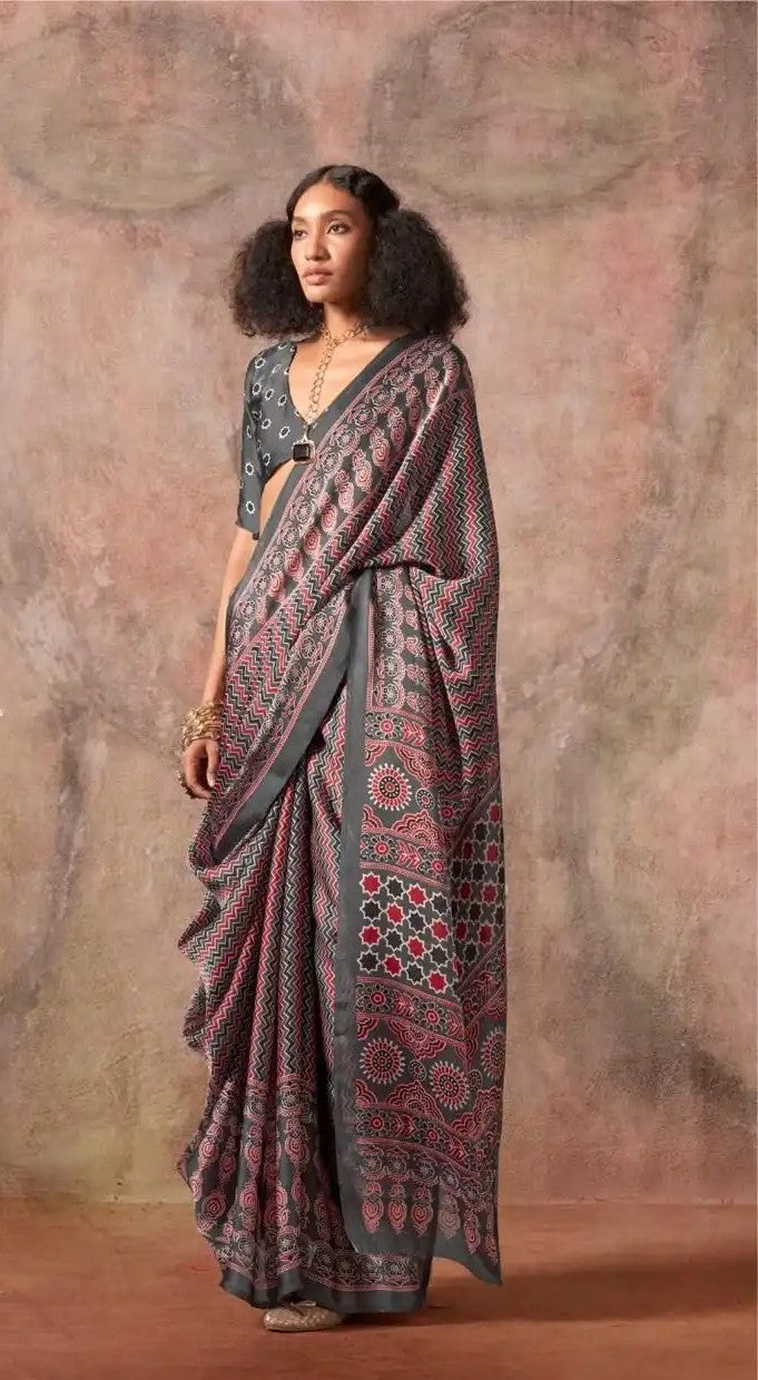 Green Ajrakh Printed Satin Georgette Saree