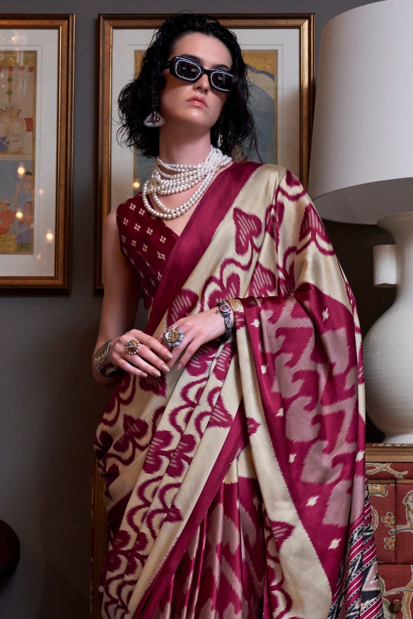 Royal Maroon Ajrakh Patola Printed Satin Crepe Saree