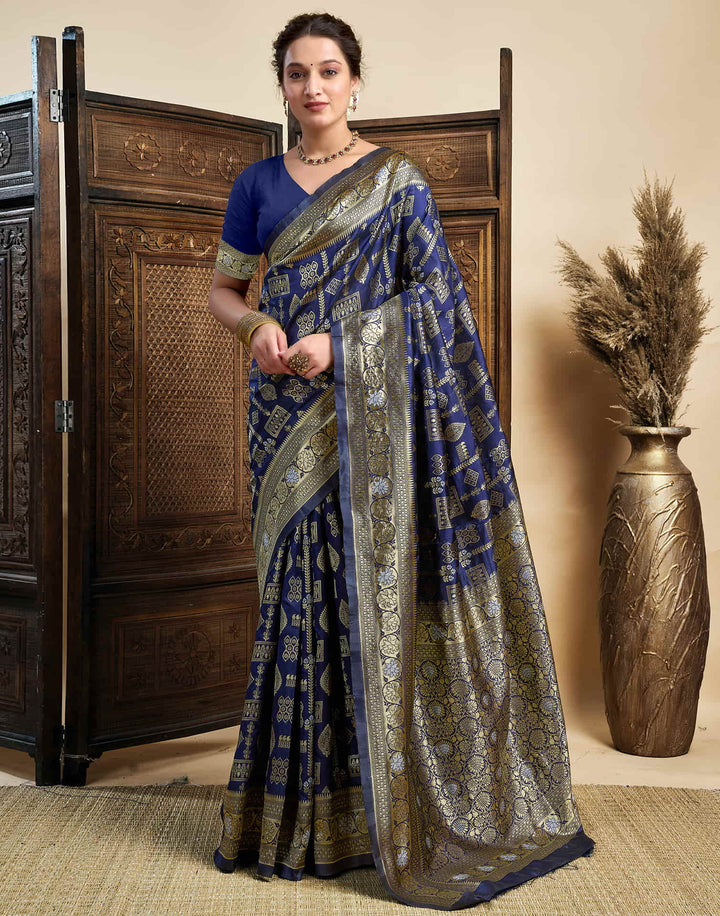 Navy Blue Silk Woven Banarasi Saree
