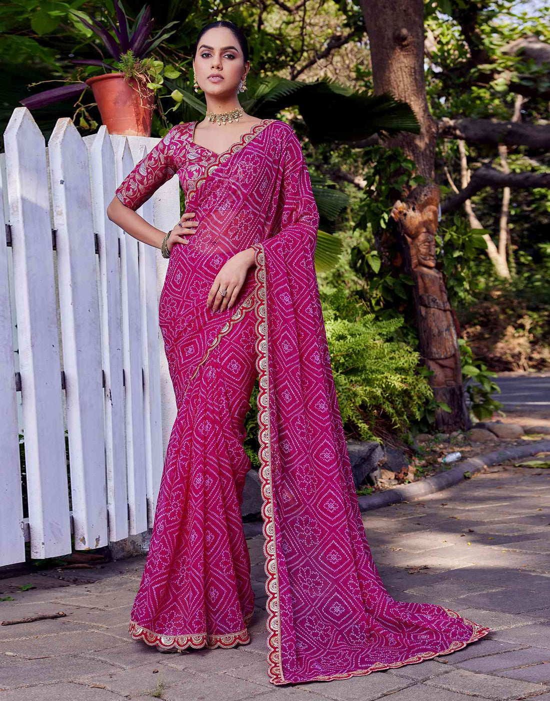 Rani Pink Georgette Bandhani Printed Saree