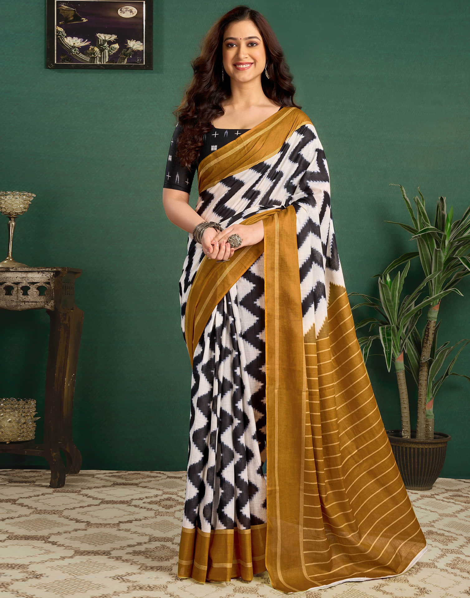 Mustard Yellow Cotton Printed Saree