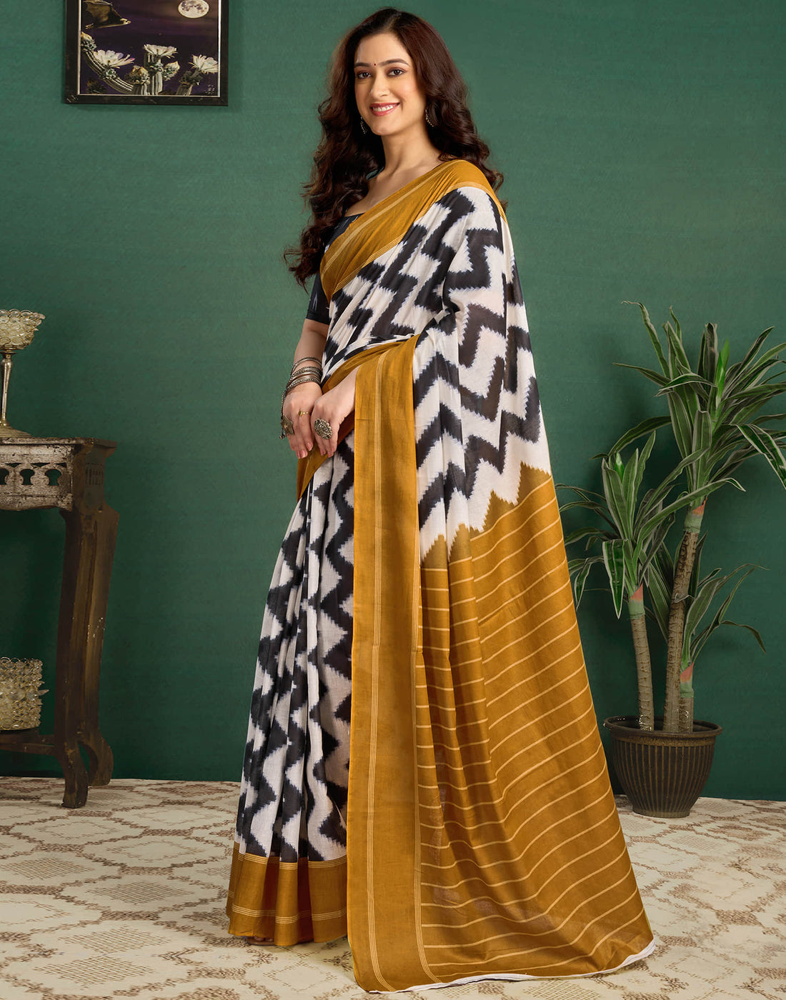 Mustard Yellow Cotton Printed Saree