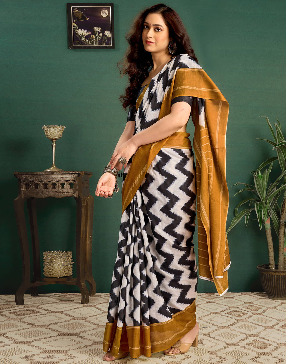 Mustard Yellow Cotton Printed Saree