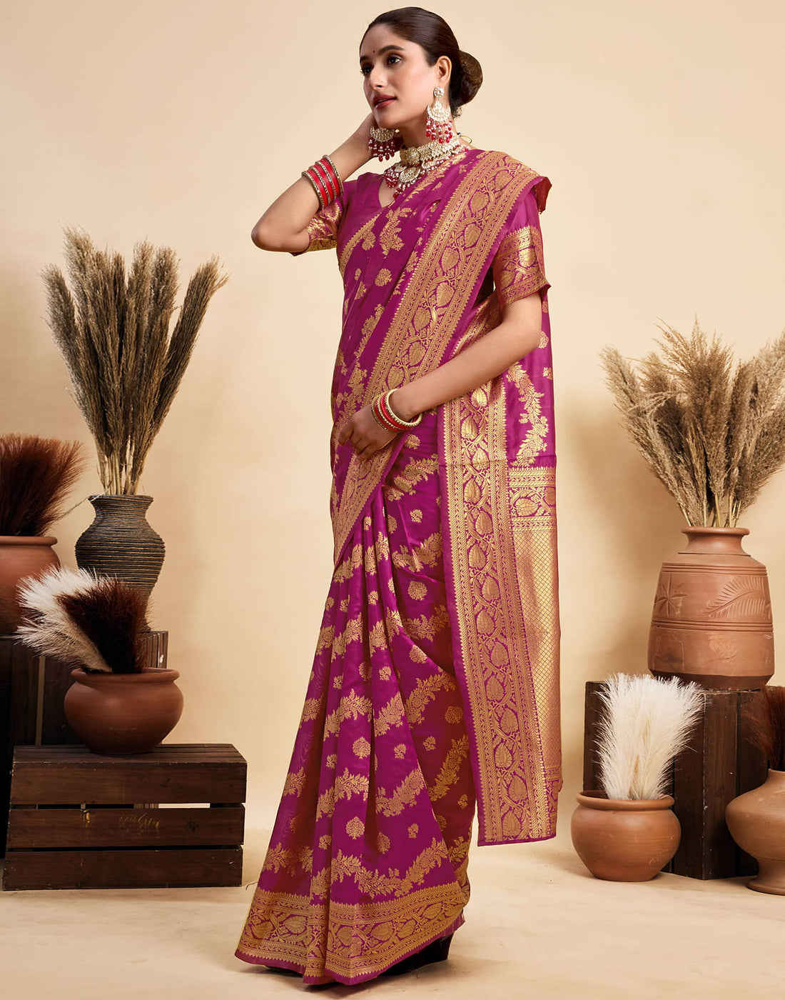 Dark Magenta Silk Woven Banarasi Saree