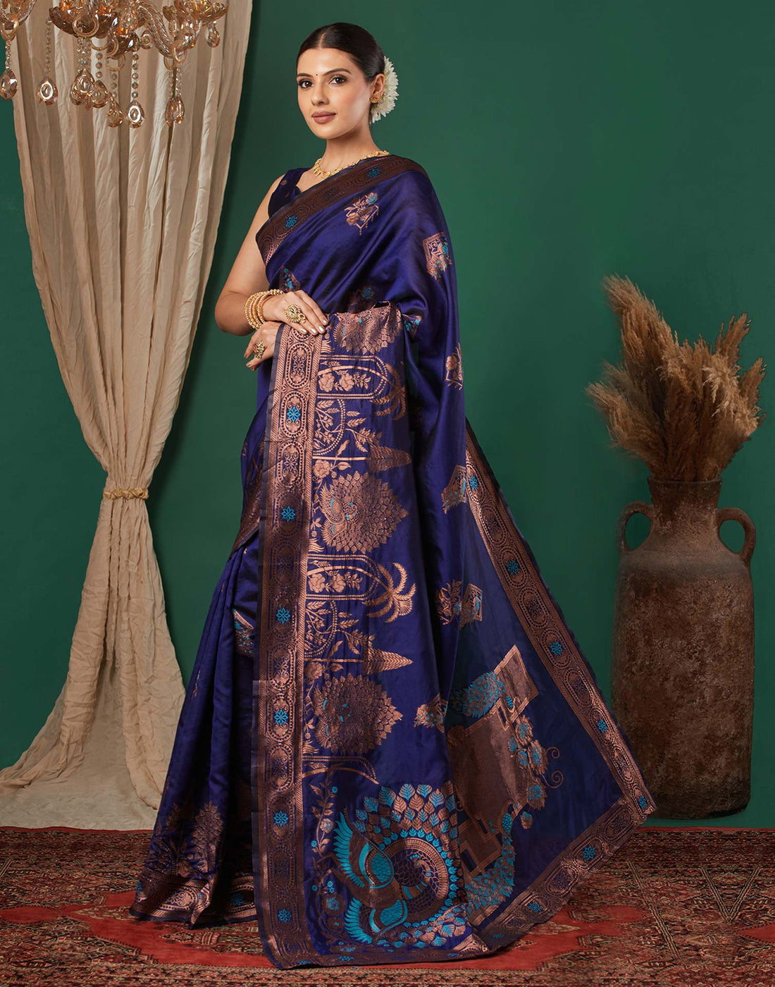 Navy Blue Silk Woven Banarasi Saree