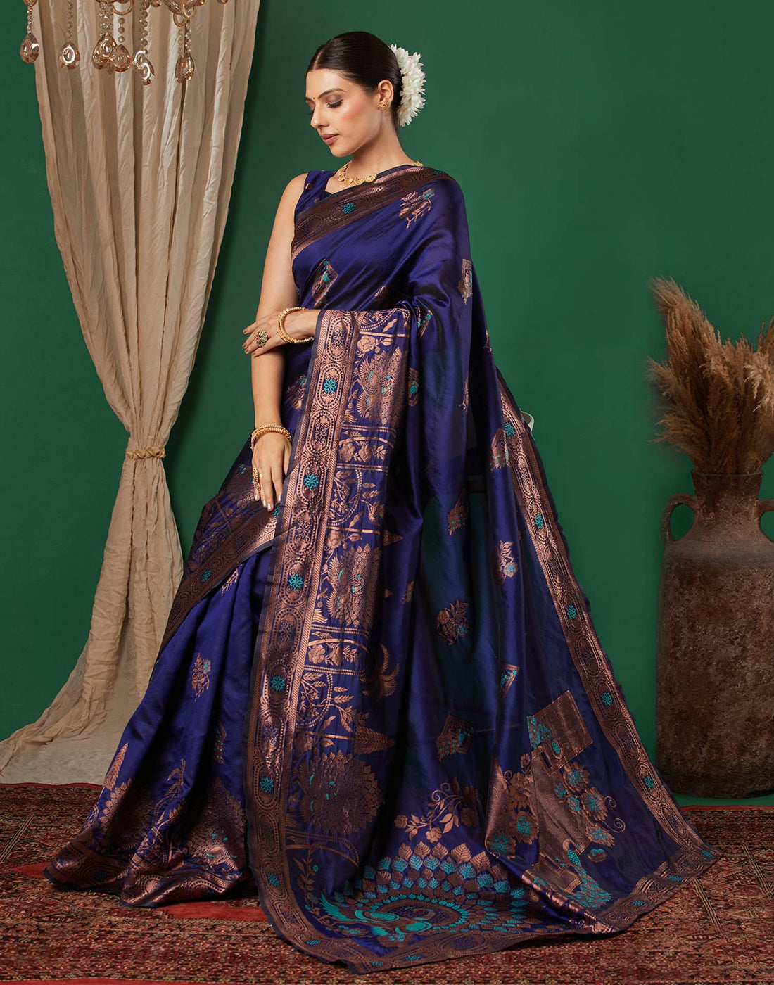 Navy Blue Silk Woven Banarasi Saree