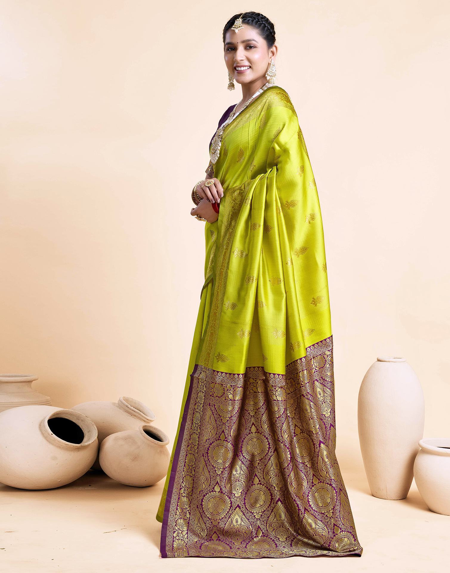 Lime Green Silk Woven Banarasi Saree