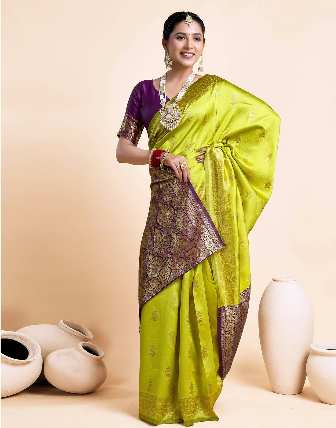 Lime Green Silk Woven Banarasi Saree