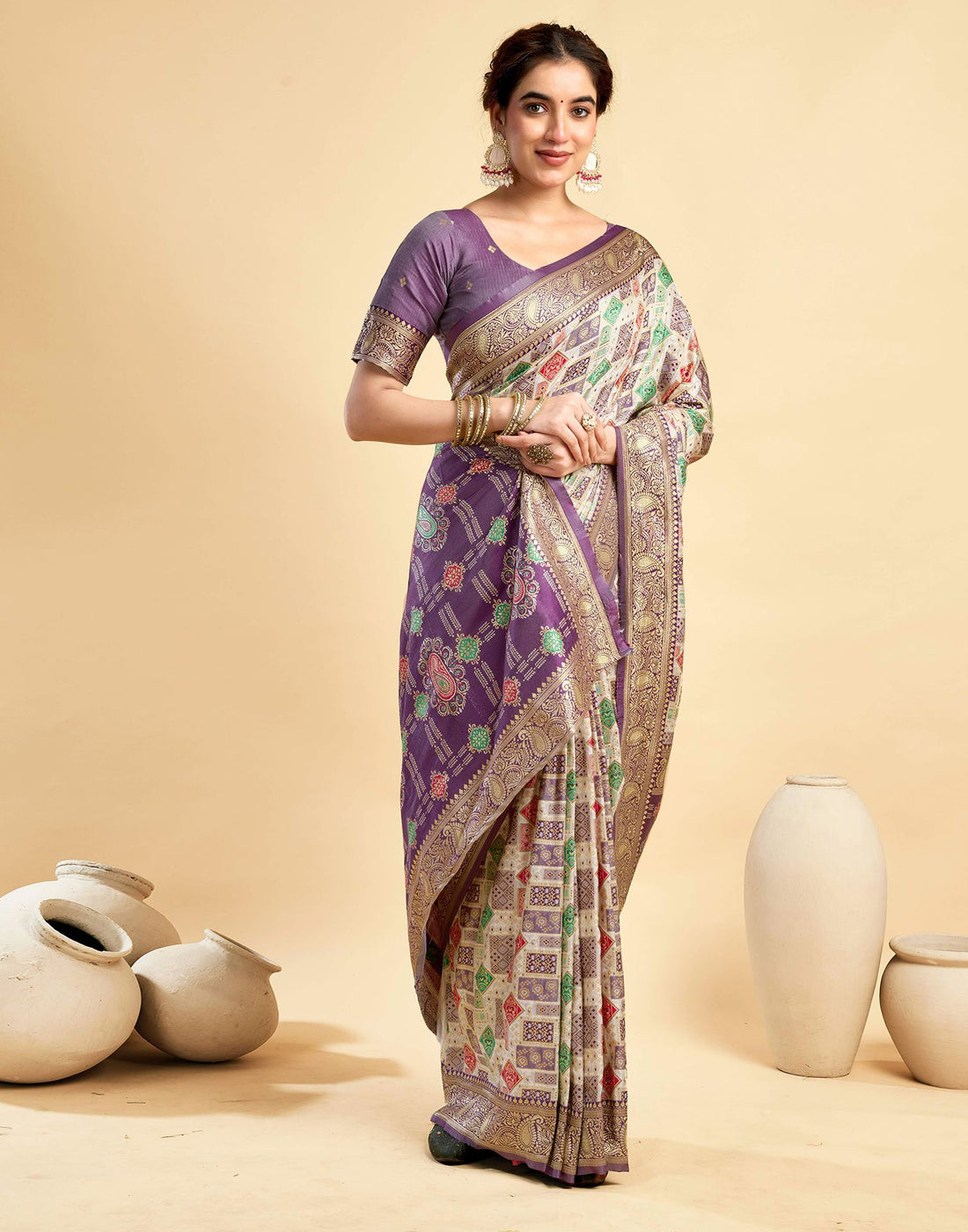 Cream Silk Woven Saree