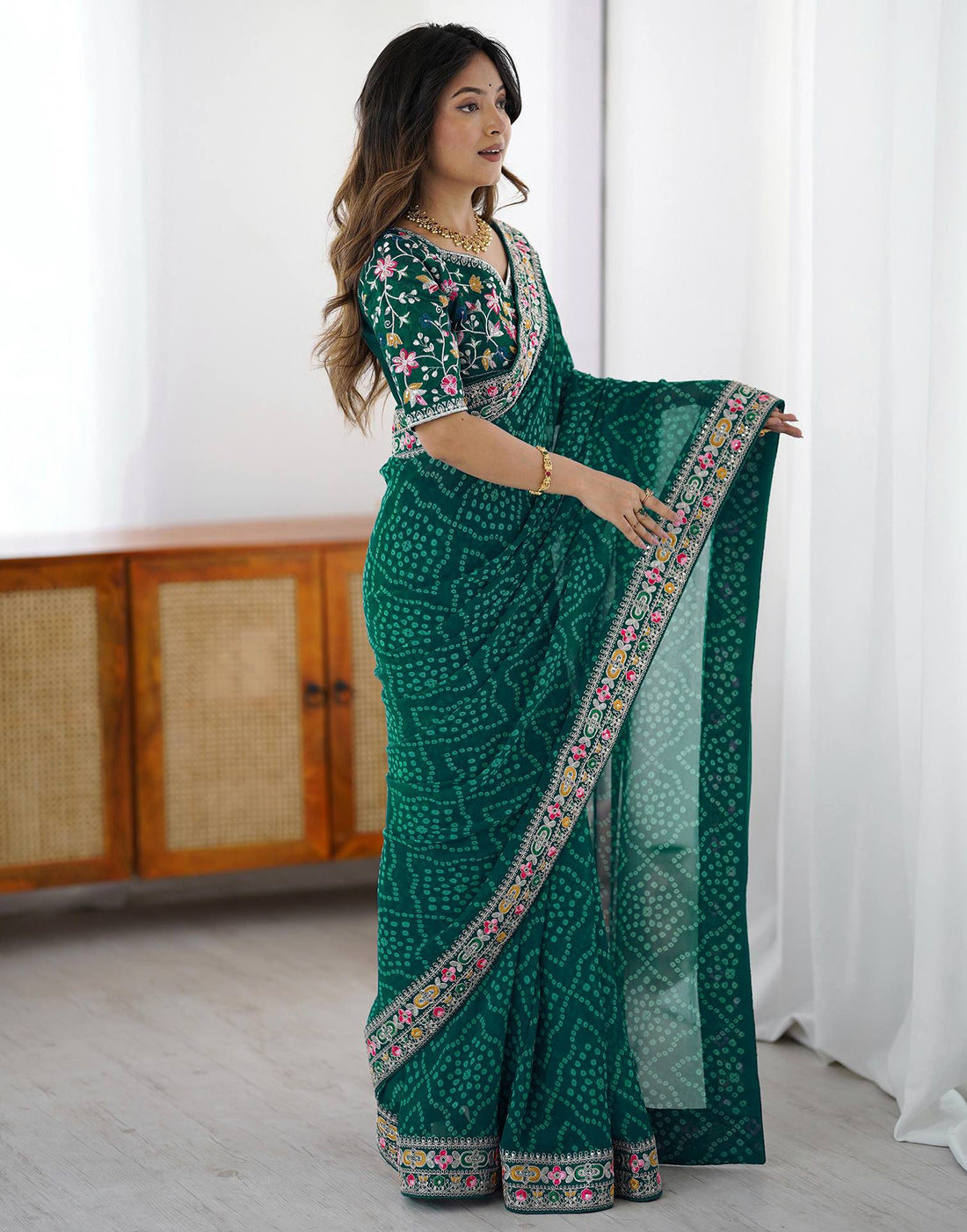 Green Georgette Printed Bandhani Saree
