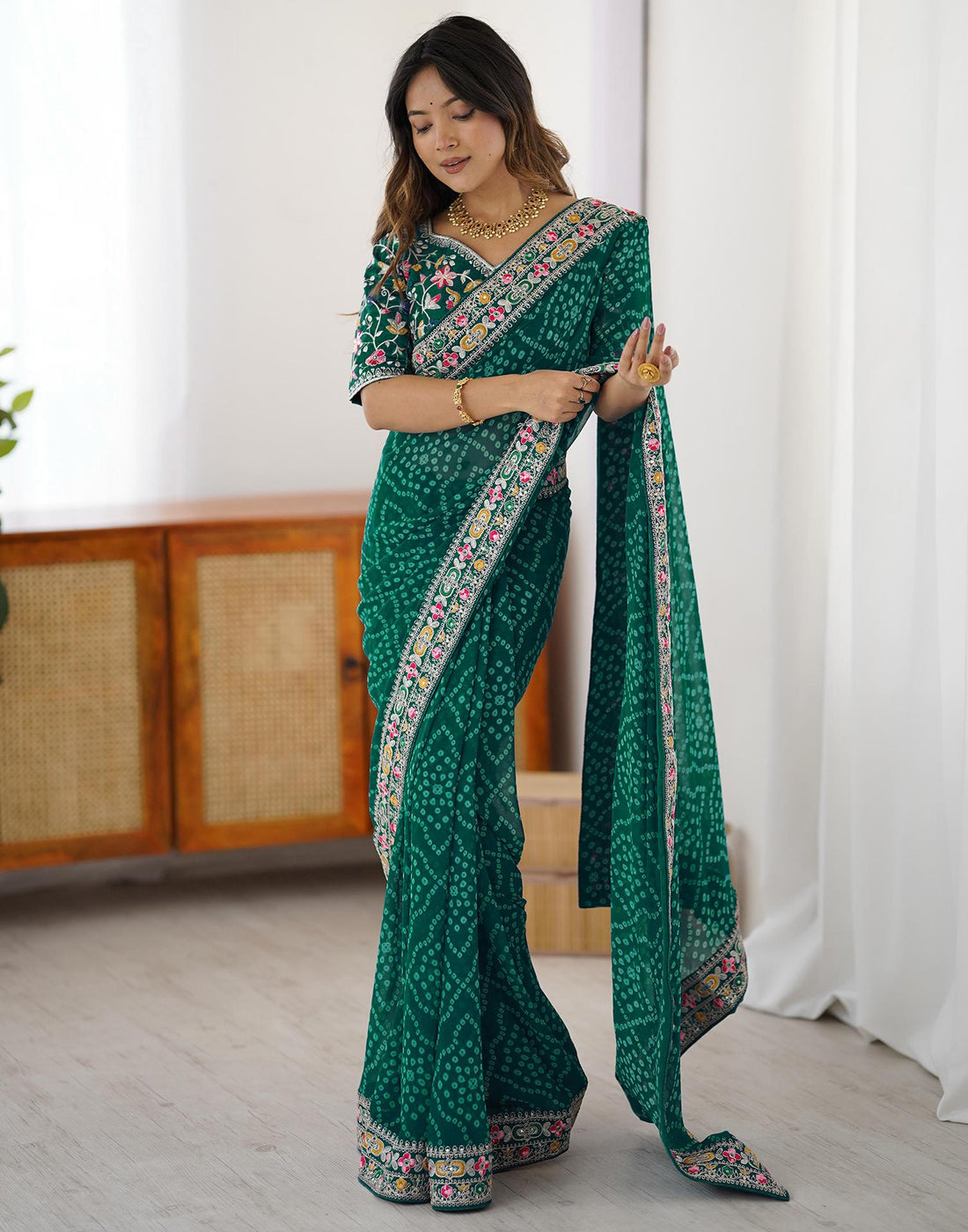 Green Georgette Printed Bandhani Saree