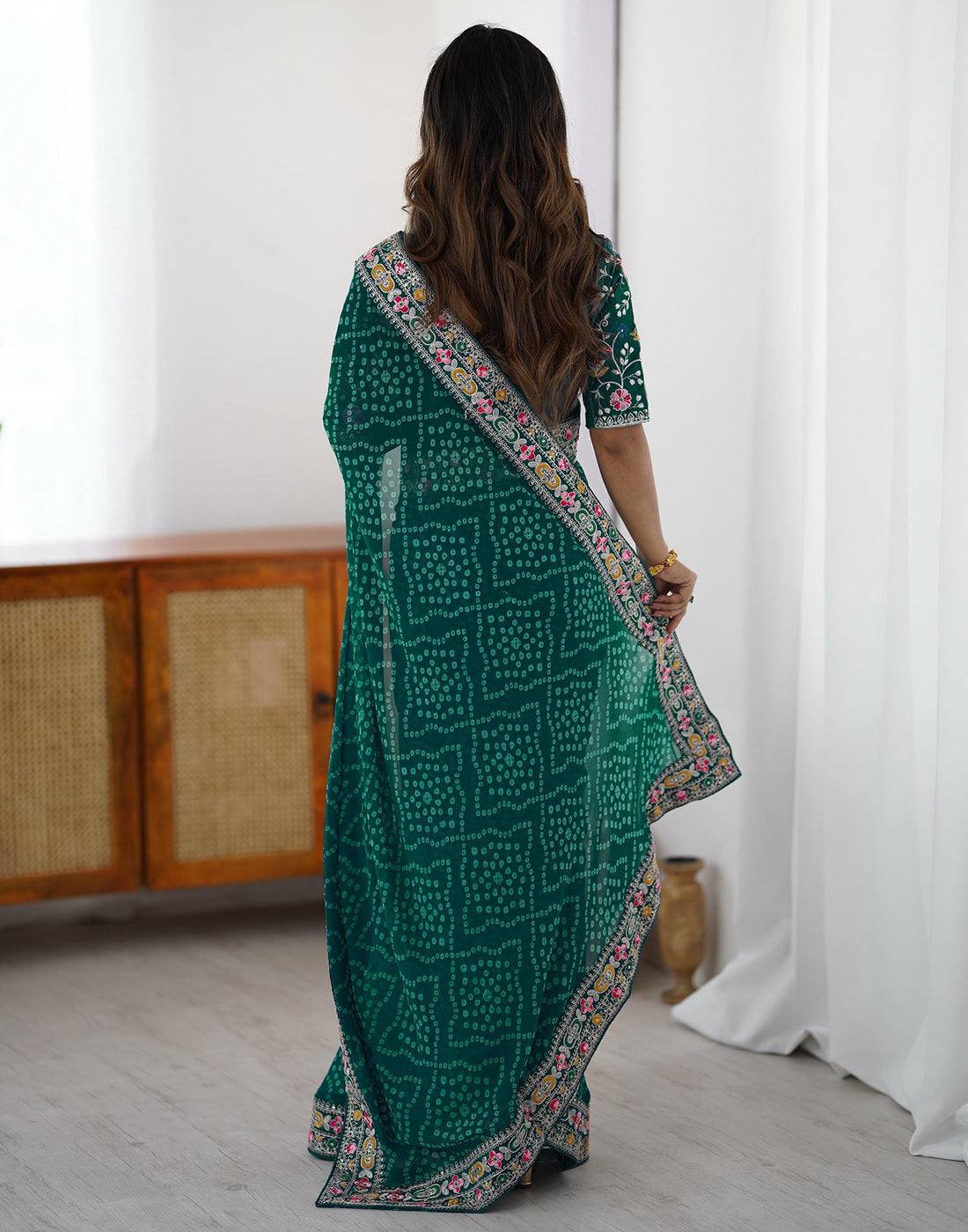 Green Georgette Printed Bandhani Saree
